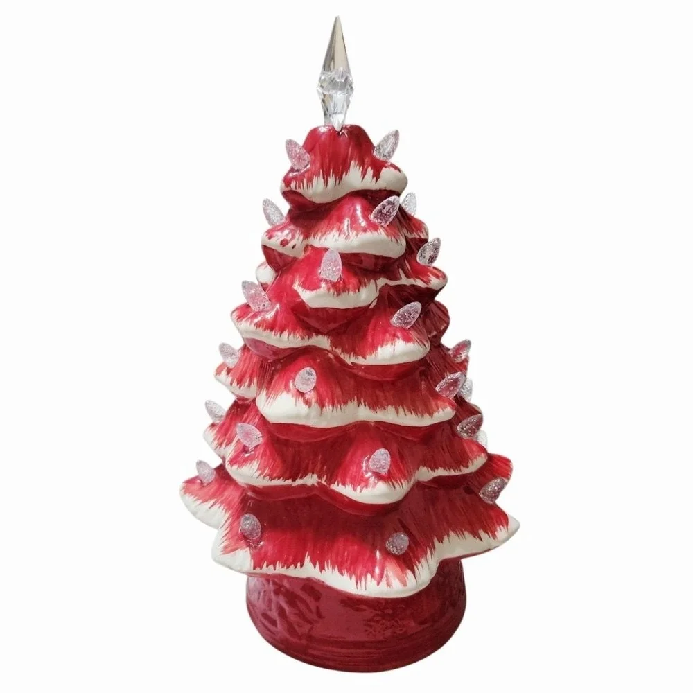 Red White Ceramic Light Up Christmas Tree Clear Star Topper Battery Timer Model